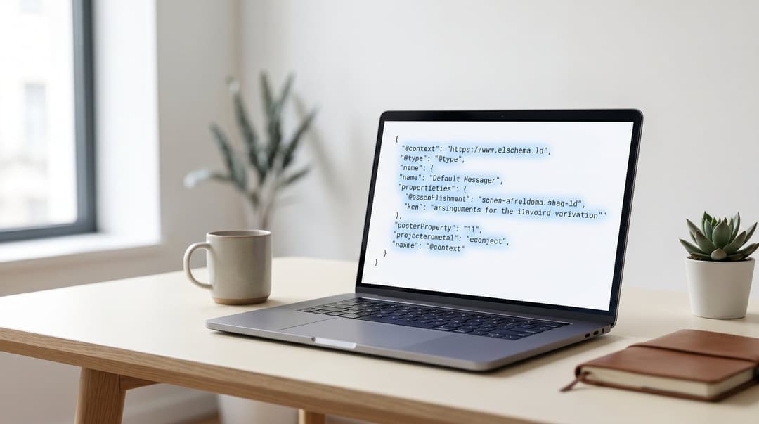 Laptop screen showing JSON-LD schema markup highlighted in blue