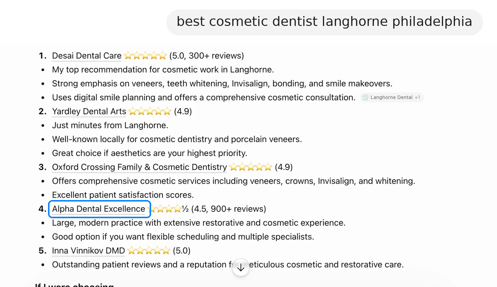 ChatGPT answer to "best cosmetic dentist langhorne philadelphia"