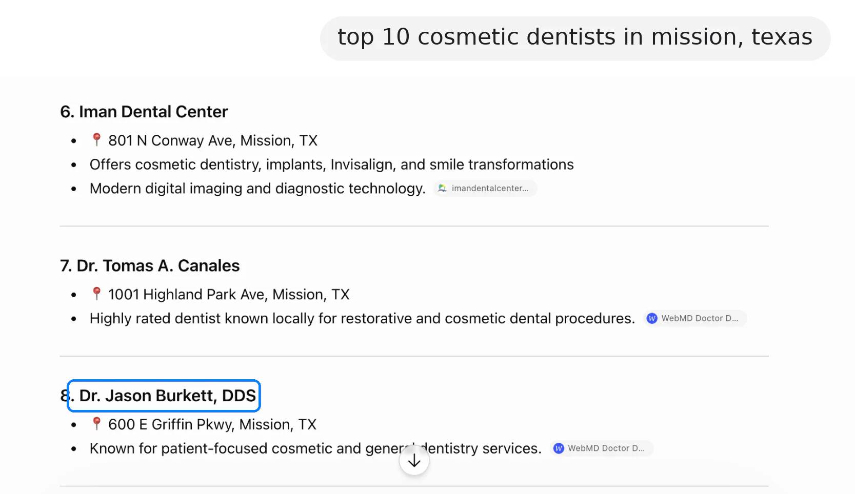 ChatGPT answer to "top 10 cosmetic dentists in mission, texas"