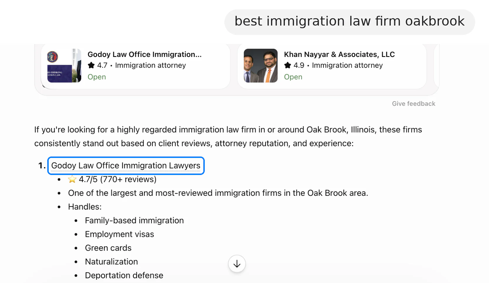 ChatGPT answer to "best immigration law firm oakbrook"