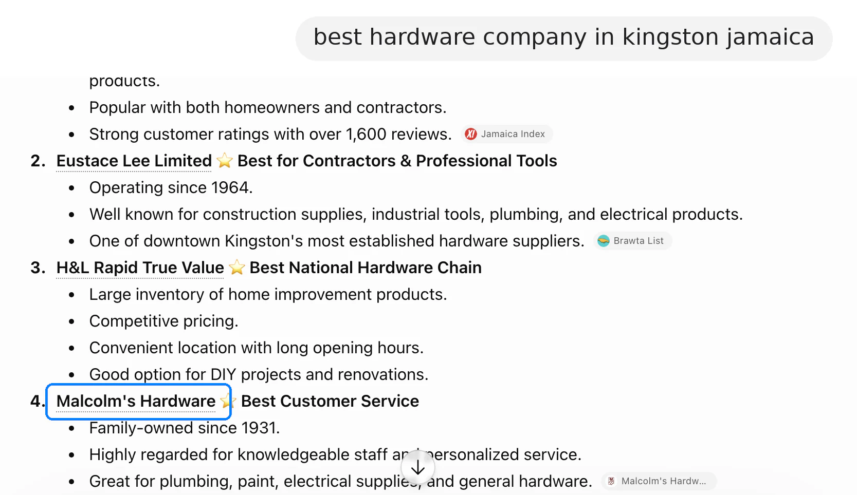 ChatGPT answer to "best hardware company in kingston jamaica"