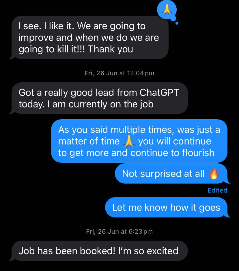 Text message screenshot from the owner of Mr. Fresh Carpet Care about a lead from ChatGPT that booked.