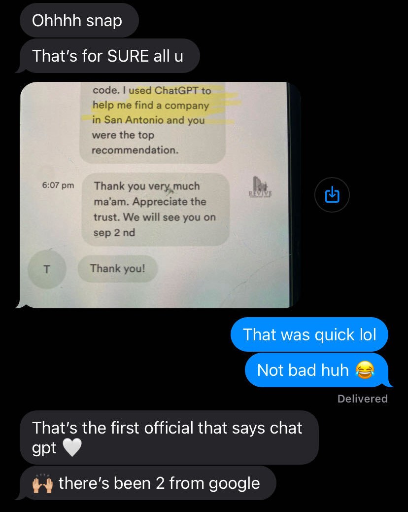 Text message screenshot: a customer telling Revive Cleaning Crew they used ChatGPT to find a company in San Antonio.