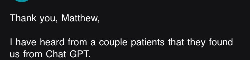 Text message screenshot from Desert Hills Dental saying a couple of patients found them from ChatGPT.