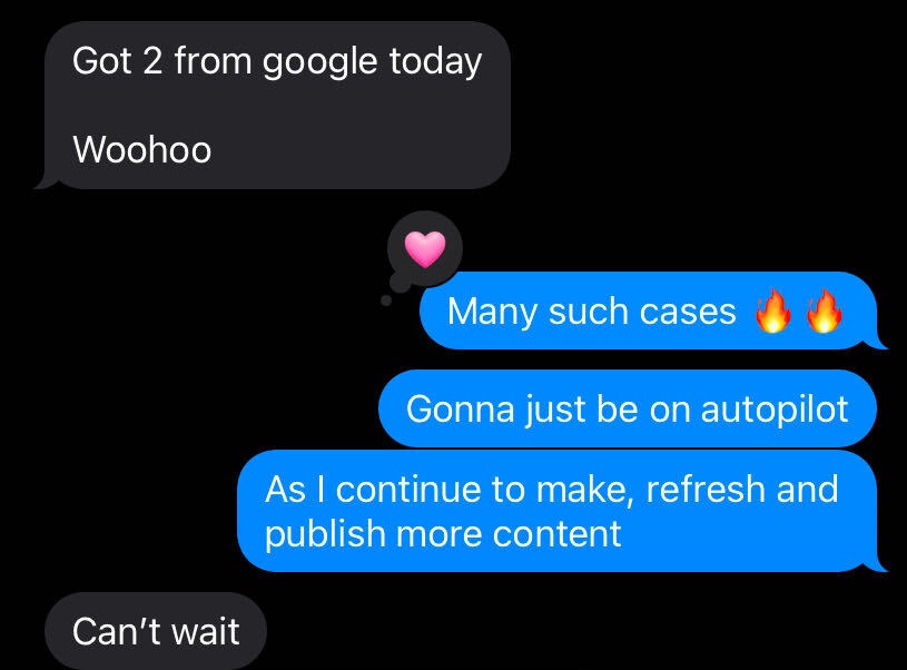 Text message screenshot from the owner of Revive Cleaning Crew: two leads from Google in one day.