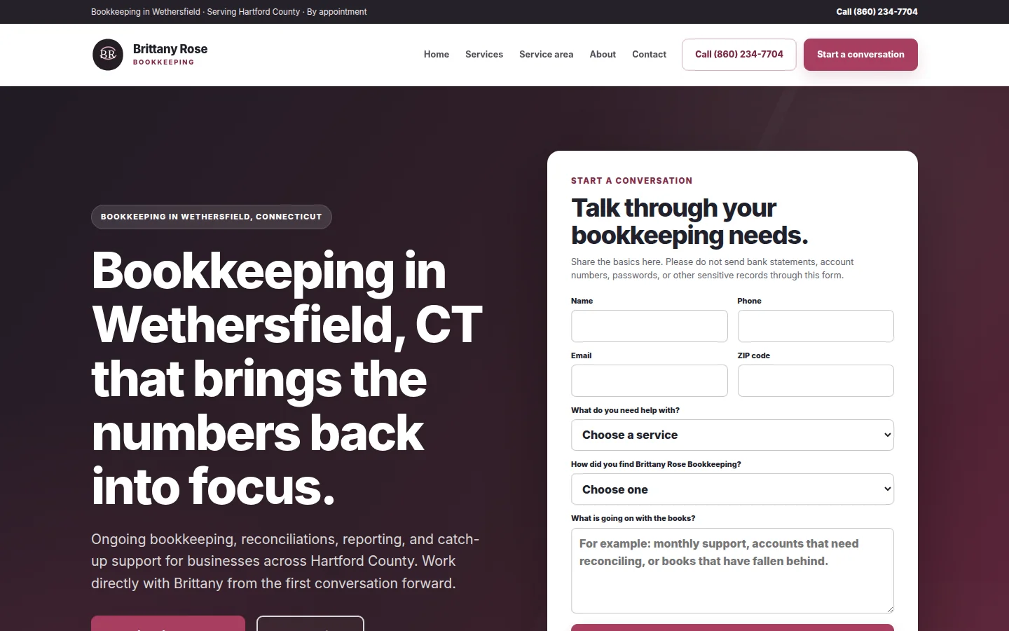 Brittany Rose Bookkeeping website homepage