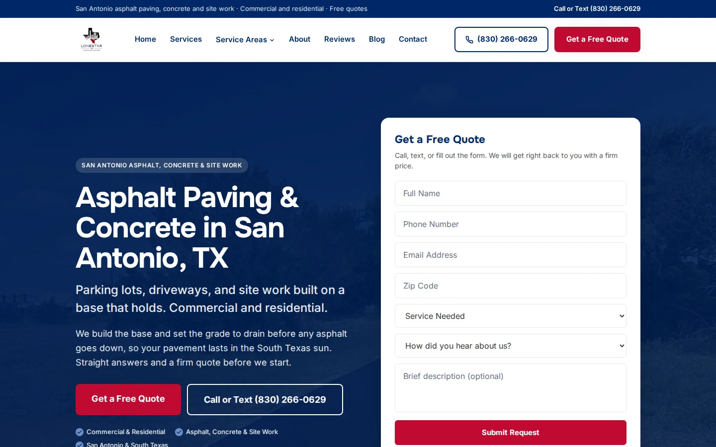 Lonestar Construction Industries website homepage